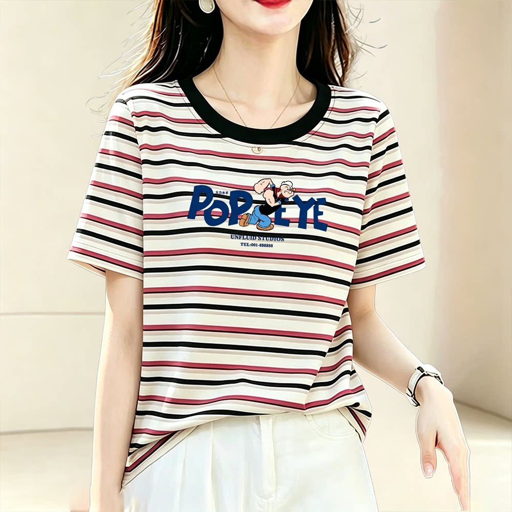 广州白马短袖2026新款无锡纯棉t恤女装夏季十三行虎门条纹上衣女图片
