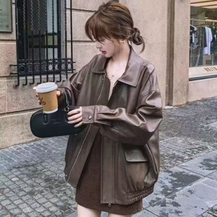 棕色皮衣外套女2026春秋季 超火复古独特好看美拉德机车皮夹克 新款