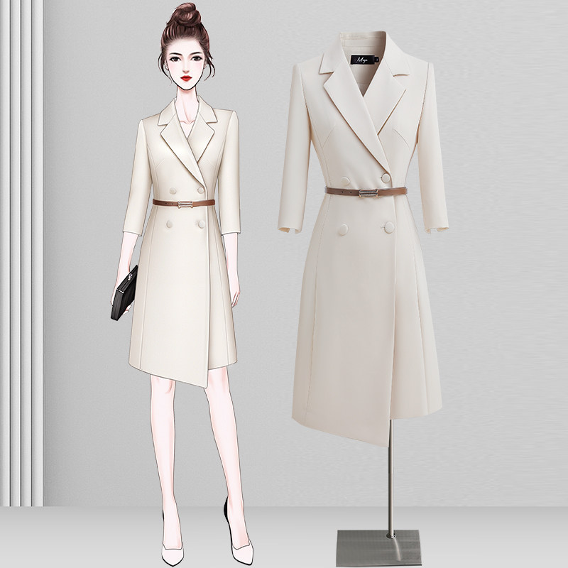 白色西装连衣裙女春秋收腰时尚高端精致女神范气质ol通勤职业正装