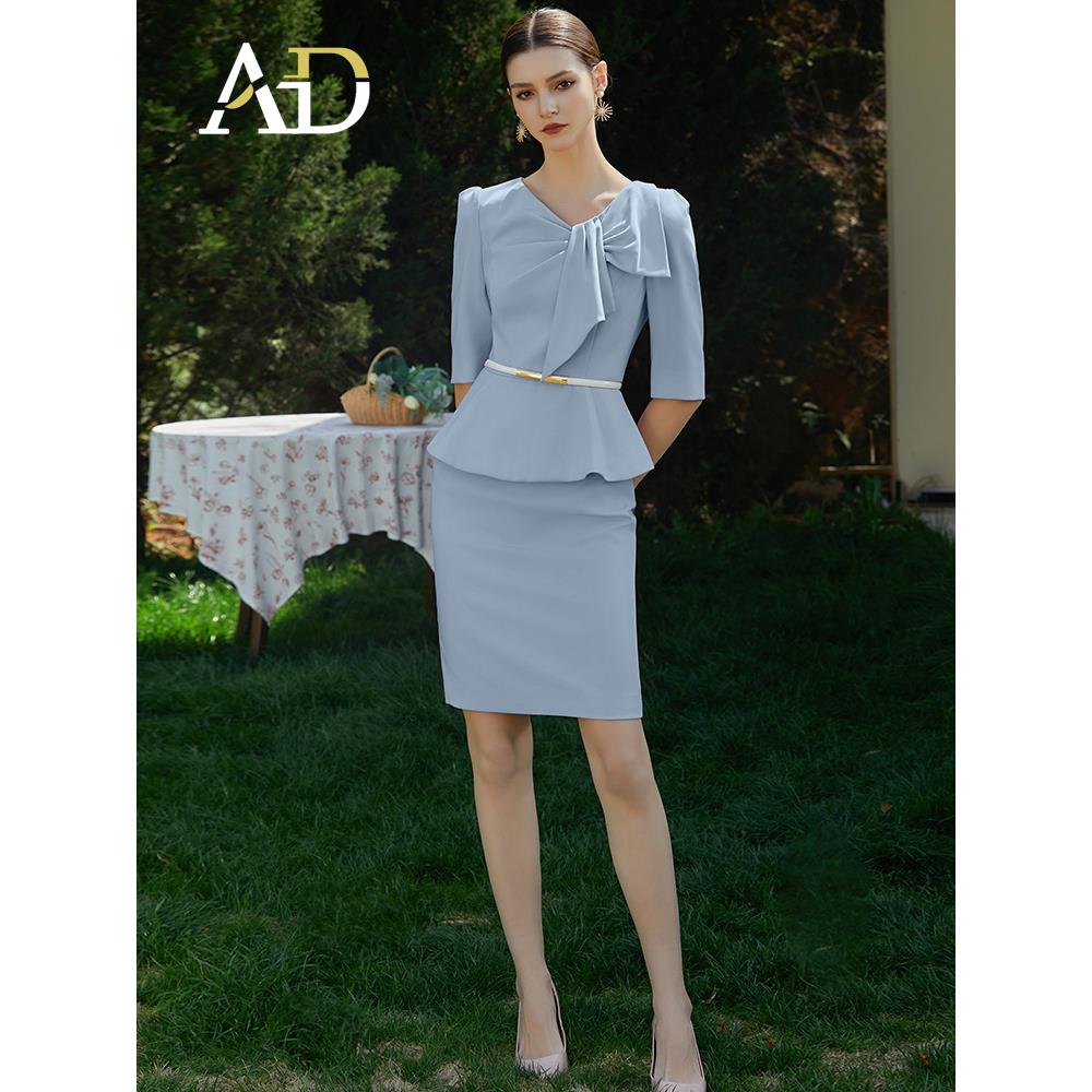 AD时尚售楼工作服夏季假两件显瘦荷叶边连衣裙中袖职业装职场女装