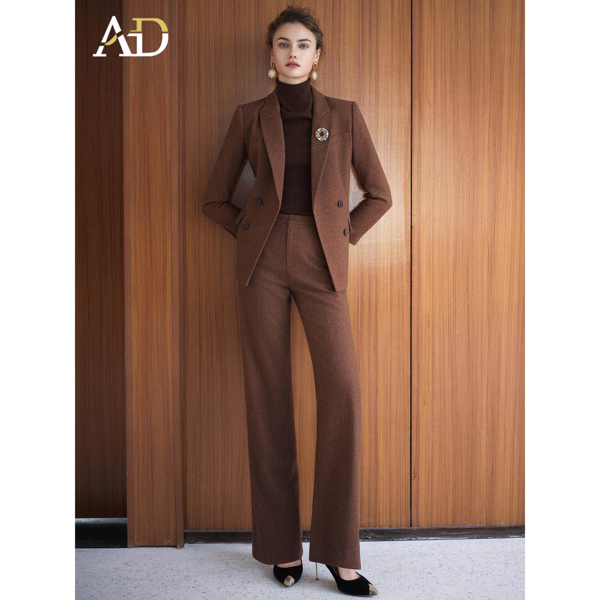 AD咖色羊毛呢子西装套装女2025新款秋冬时尚气质西服直筒裤一整套