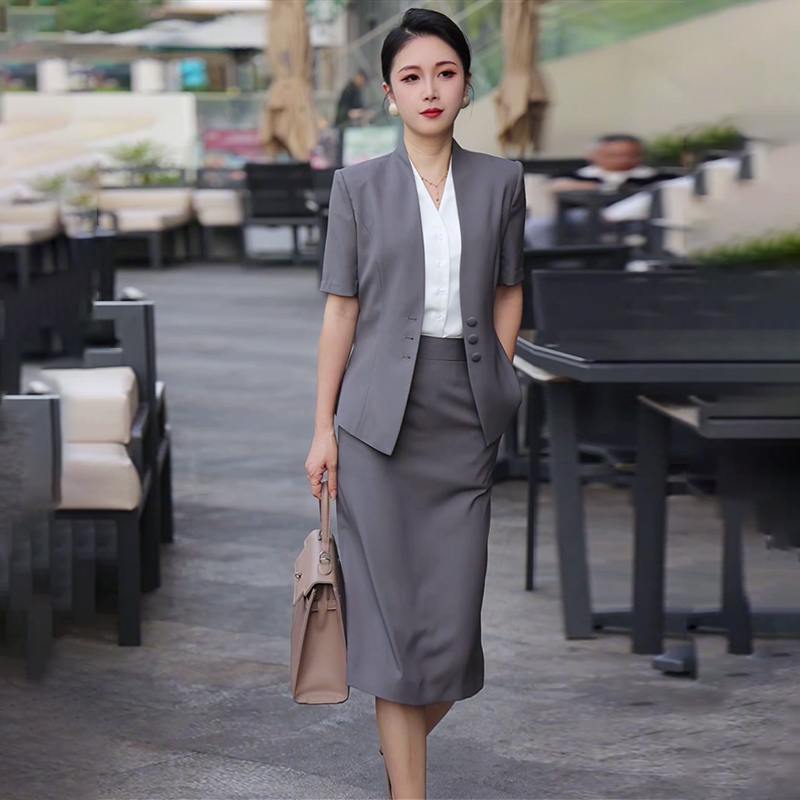 职业西装套装女夏季薄款短袖深灰色售楼部珠宝店正装美容院工作服