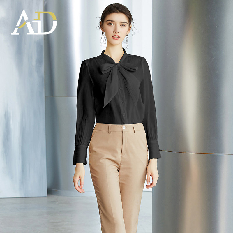 AD高级感黑色衬衫女蝴蝶结上衣春季长袖显瘦衬衣职场时尚通勤女装