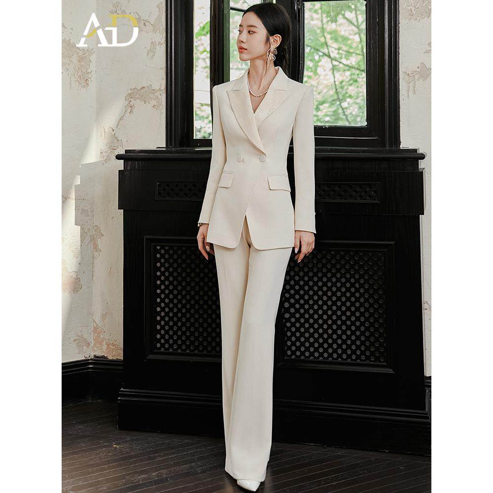 AD醋酸接拼戗驳领西装外套2025年秋冬新款时尚白色修身高腰阔腿裤