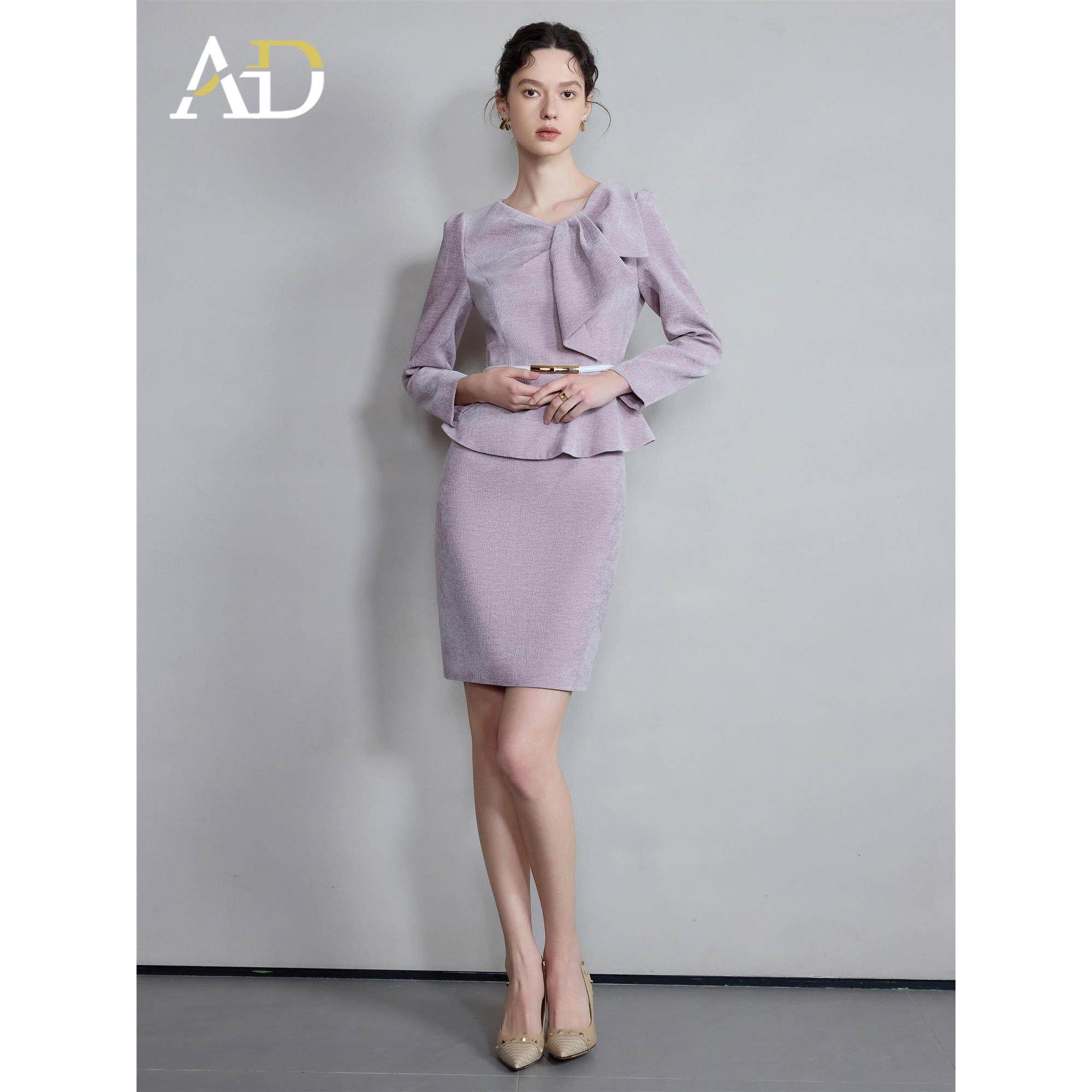 AD长袖连衣裙秋冬款女高级感蝴蝶结收腰西装裙2024新款空姐工作服