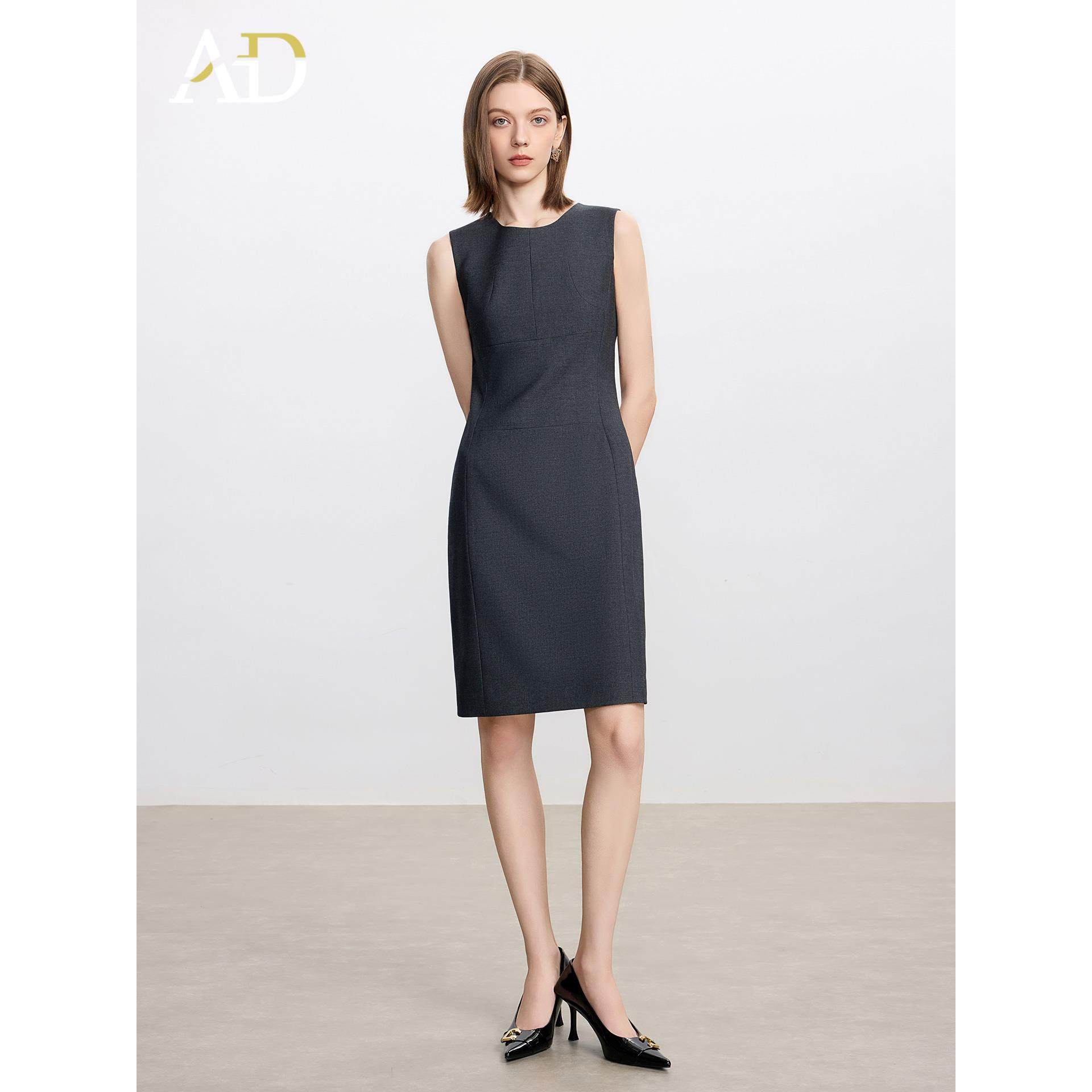 AD秋冬内搭职业连衣裙女2025新款灰色绵羊毛无袖西装裙背心裙正装