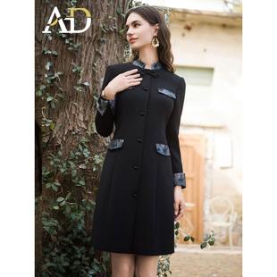 AD新中式连衣裙女秋冬2024新款高级感提花西装裙轻奢国风裙子黑色