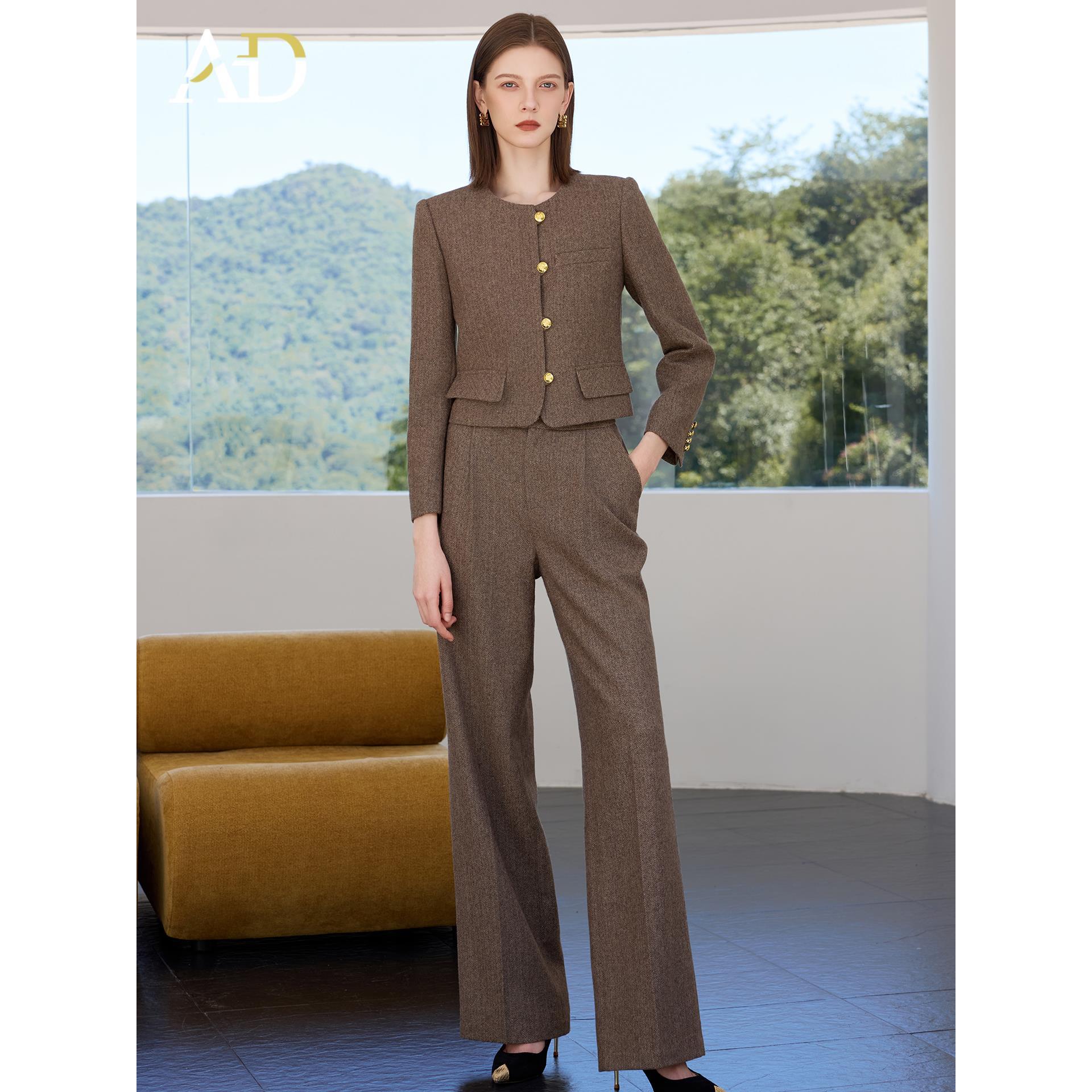 AD保暖加厚羊毛尼西装直筒裤两件套显瘦显高职场通勤职业正装女