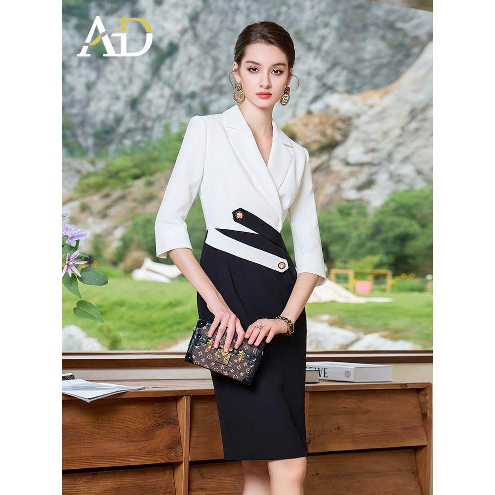 AD高级感黑白接拼西装连衣裙女夏季薄款职业装气质名媛工作套装裙
