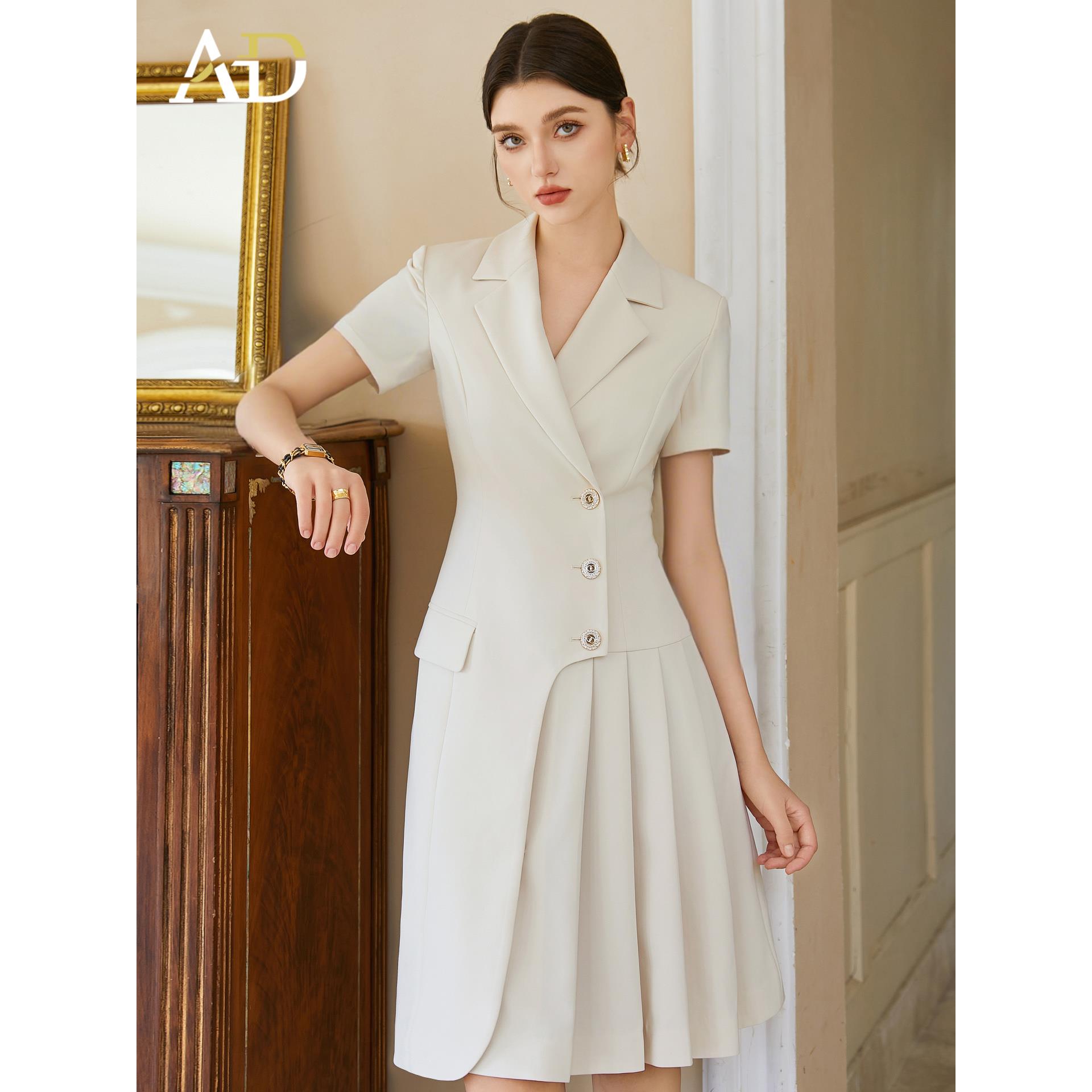 AD白色主持西装职业连衣裙女夏教师演讲比赛公务员面试正装