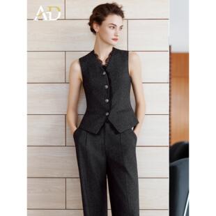 AD时尚英伦风马甲女高级感职业装蕾丝边马夹上衣花灰色直筒西装裤