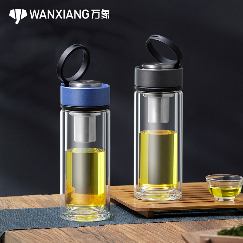 万象玻璃杯双层车载便携大容量户外运动水杯男士茶水分离泡茶杯子