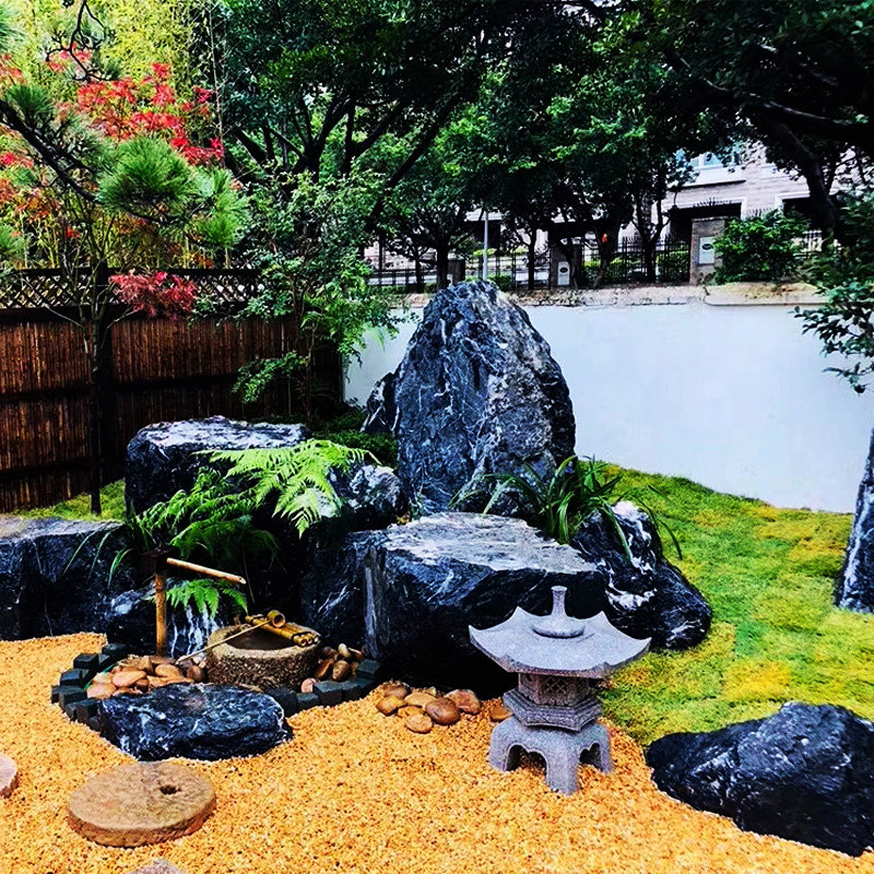 天然黑山石造景新中式庭院风景石大型假山原石刻字别墅园林景观石