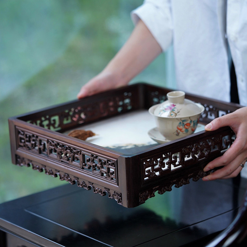 大红酸枝清乾隆藏品复刻嵌云石文盘书房文房用具收纳盘红木文承盘