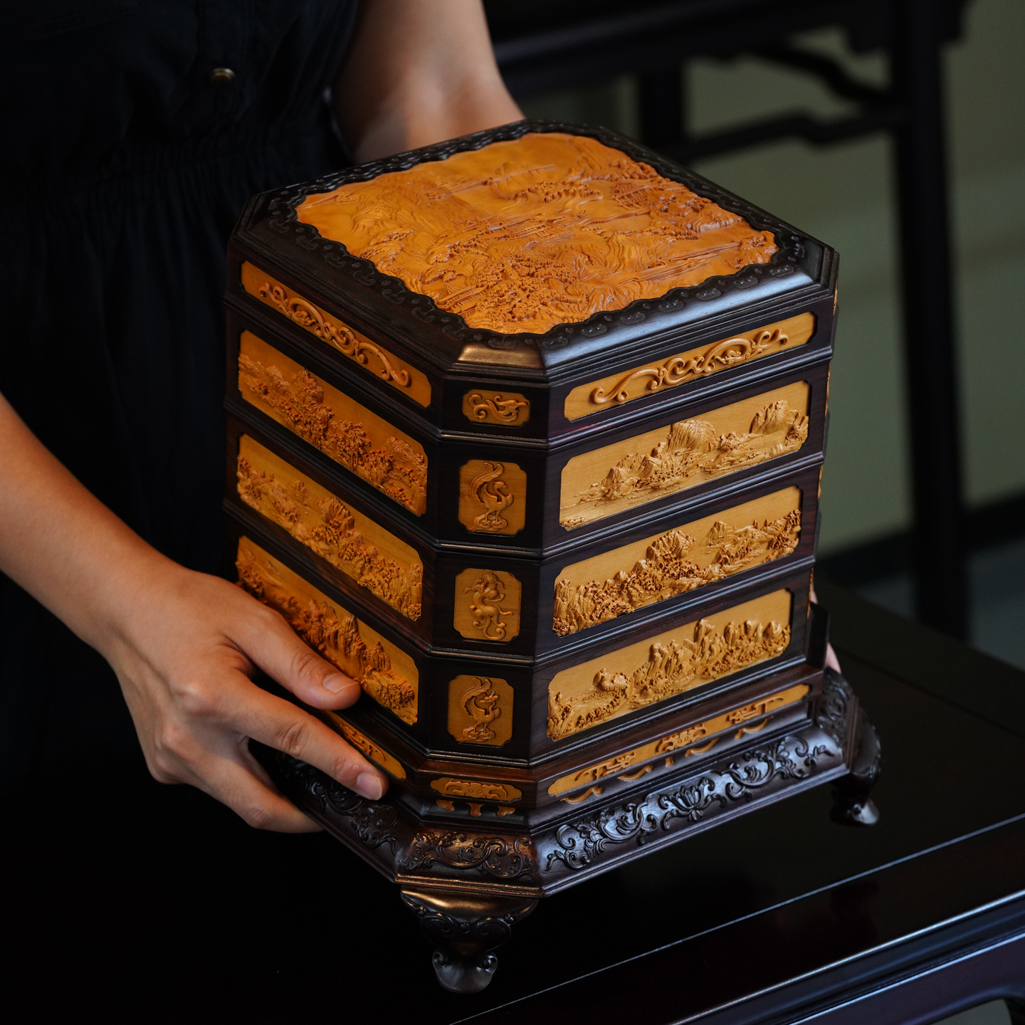 紫光檀普洱茶饼盒中式复古茶具收纳盒实木高档多层储存茶叶茶饼盒