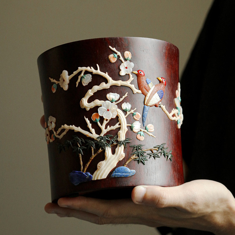 小叶紫檀百宝嵌喜上眉梢笔筒收纳盒办公室桌面红木质高档商务礼品