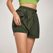 健身裤 夏季 后腰汗巾口袋短款 女假两件专业跑步空气裤 防晒运动短裤