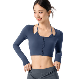 猫耳挂脖假两件瑜伽服长袖 短款 健身瑜伽上衣女带胸垫外穿显瘦时尚