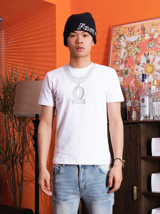 TGFCLUB 美式街头潮牌嘻哈RAPPER弹力基础修身O BLACK印花t恤短袖