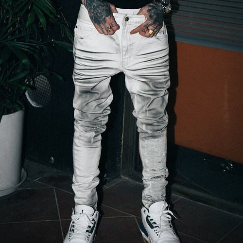 TGFCLUB 美式街头嘻哈hiphop补丁遮盖猫须喷做脏微弹修身牛仔裤