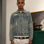 TGFCLUB 牛仔夹克外套 水洗破洞贴布绣刺绣工装 美式 街头嘻哈修身
