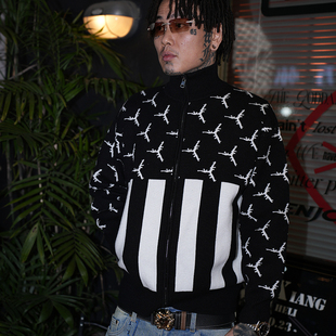 拉链毛衣外套 嘻哈说唱街头满底提花条纹LOGO立领开衫 TGFCLUB 美式