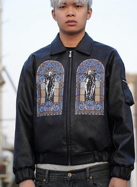 TGFCLUB 美式街头说唱CHIEF KEEF音乐圣殿印花刺绣翻领PU皮衣夹克