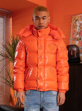 TGFCLUB美式街头drill可拆卸连帽亮面修身rapper90鸭绒加厚羽绒服