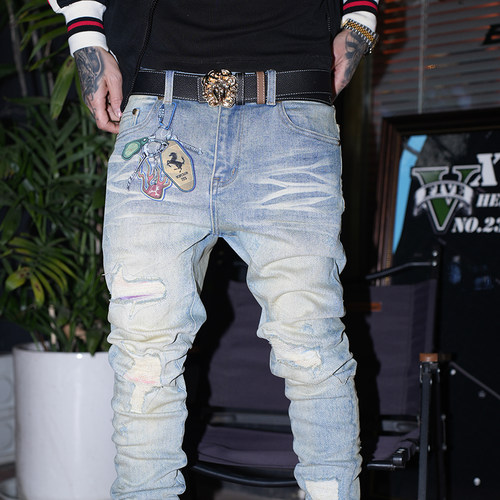 TGFCLUB 美式街头嘻哈RAPPER钥匙链破洞贴布修身小脚水洗牛仔裤