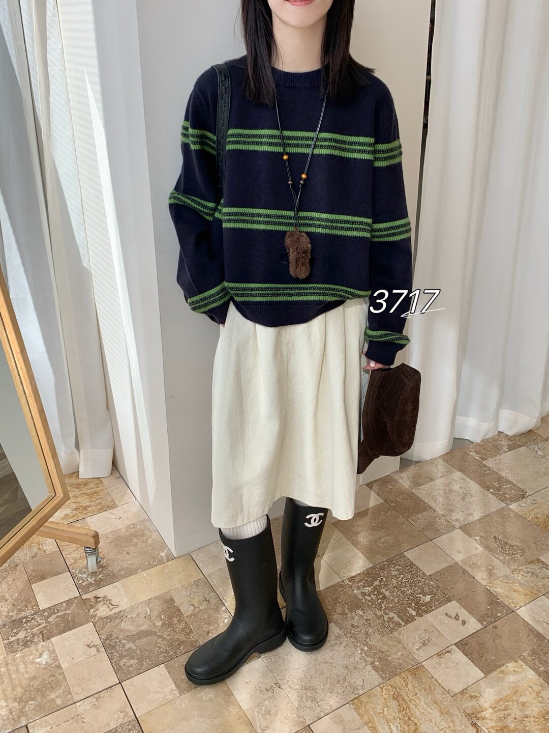 设计感条纹拼接针织衫女秋冬2025宽松显瘦百搭长袖毛衣打底衫上衣