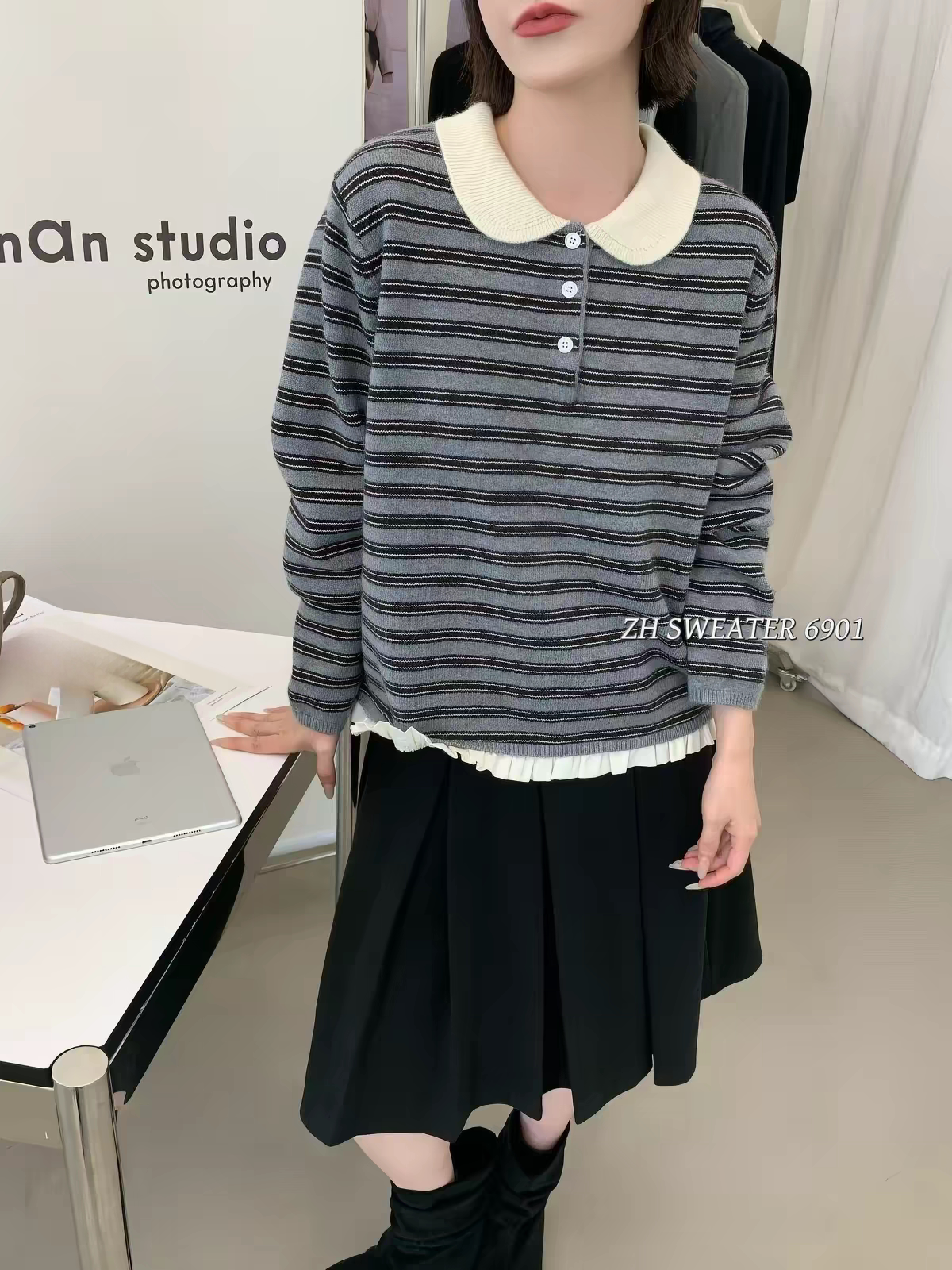 秋冬新款女韩版宽松时尚条纹套头娃娃领针织衫百搭休闲毛衣外套潮