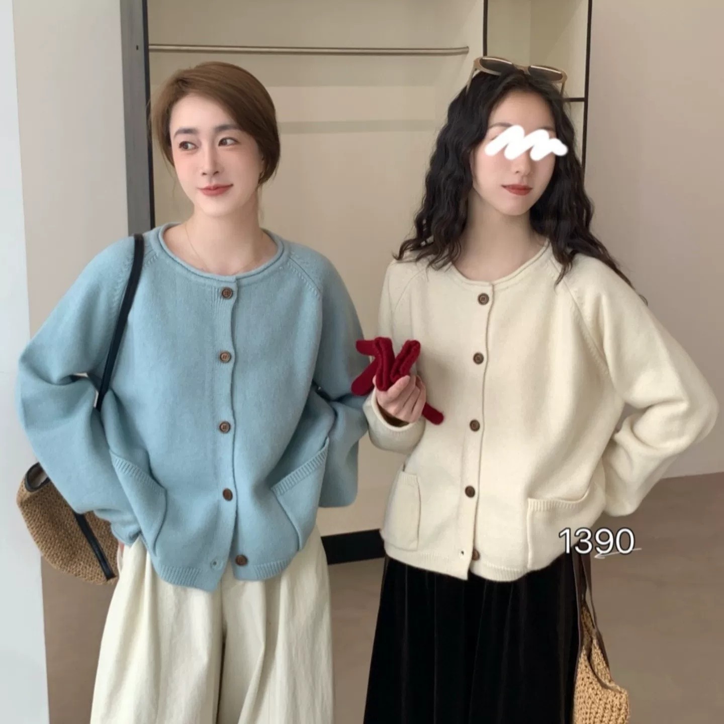 秋冬新款女慵懒风纯色木扣口袋针织开衫毛衣宽松百搭长袖外套上衣