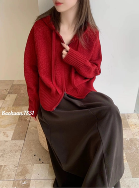 秋冬新款女韩版宽松纯色连帽双拉链针织开衫百搭休闲保暖毛衣外套