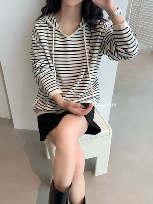 刺绣卡通连帽休闲宽松细条纹长袖针织衫卫衣套头上衣秋冬韩系帽衫