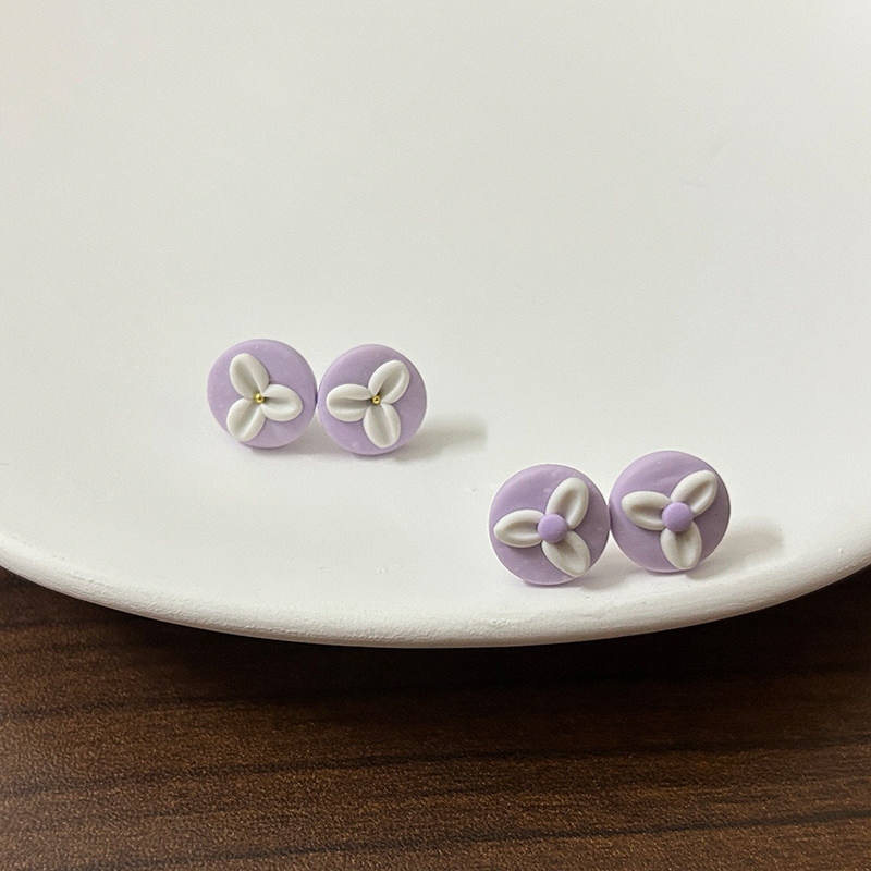 FEN纯手工香芋紫小花软陶耳钉