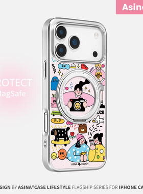 集市插画适用iPhone17Promax手机壳新款苹果16Pro磁吸带支架保护套支点小众潮牌ip15创意air高级感13pm全包14