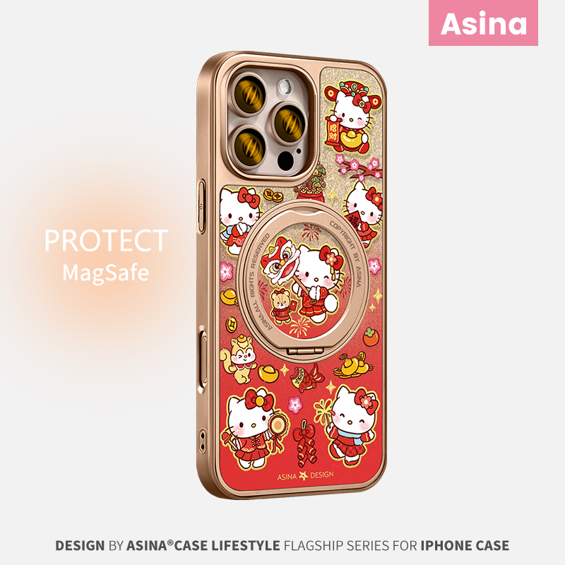 新年迎春凯蒂适用iPhone16Promax手机壳新款苹果15Pro磁吸带支架保护套Qo1支点蛇年ip14高级闪粉奢华13pm全包