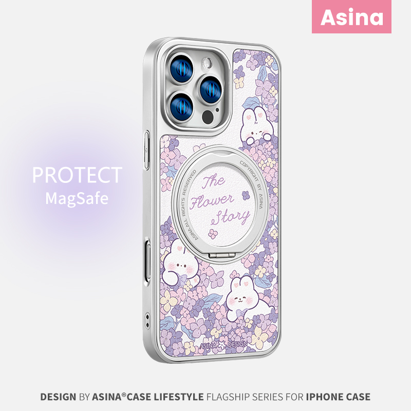 紫色花丛小兔适用iPhone16Promax手机壳新款苹果15Pro磁吸带支架保护套支点ip14文艺高级感好看13pm全包爆款