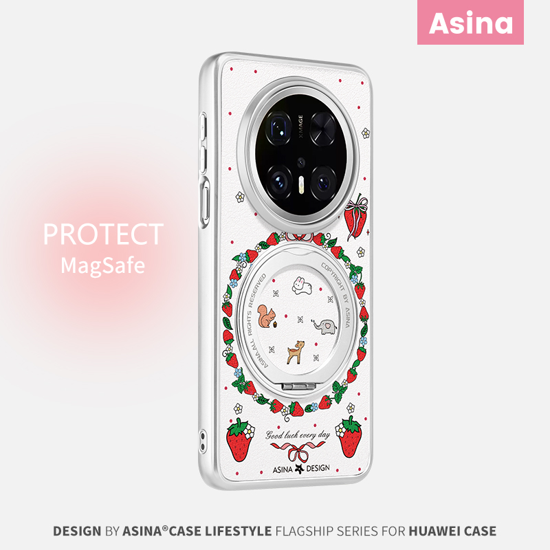草莓小动物适用华为Mate60Pro手机壳磁吸带支架新款mt70por+支点保护套高级感文艺风可爱mete60小众全包女
