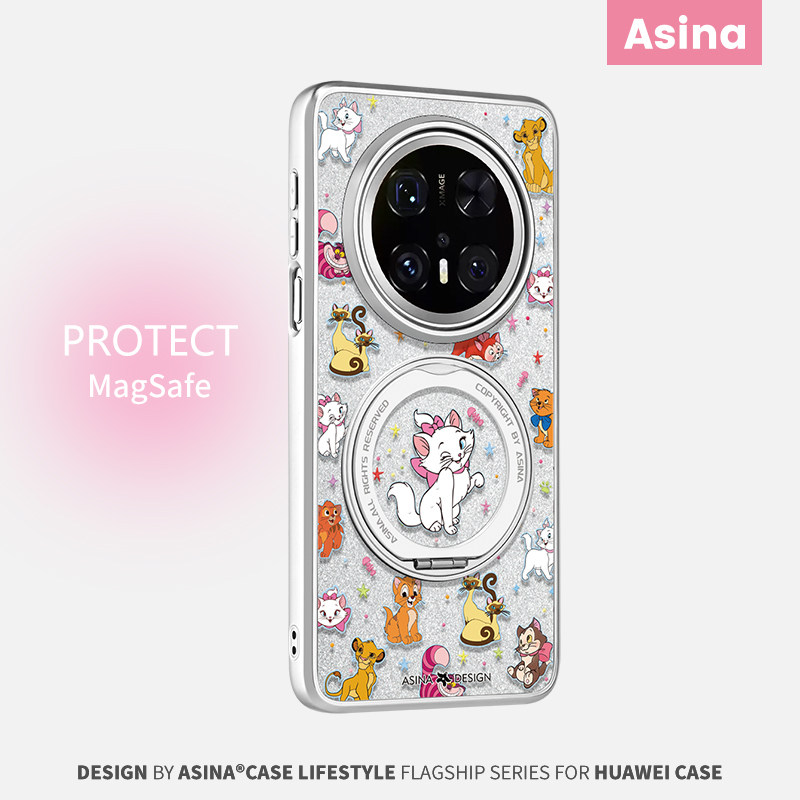 星星猫咪适用华为Mate60Pro手机壳磁吸带支架新款mt70por+支点保护套简约Qo1高级感可爱防摔mete60全包闪粉女
