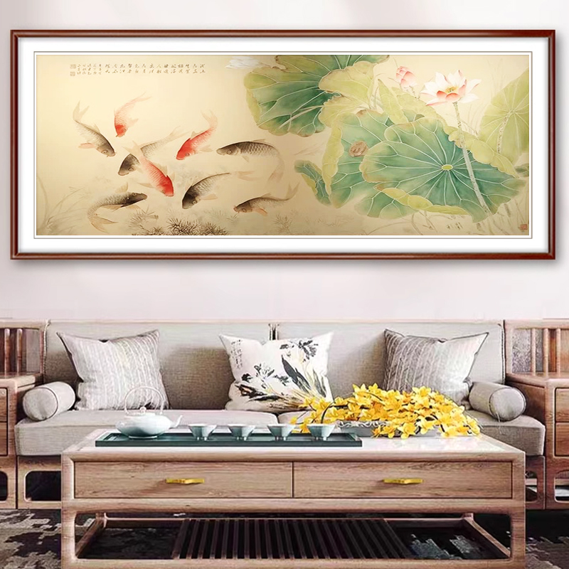 2025新款荷花九鱼钻石画客厅卧室玄关装饰画手工diy十字绣挂画图