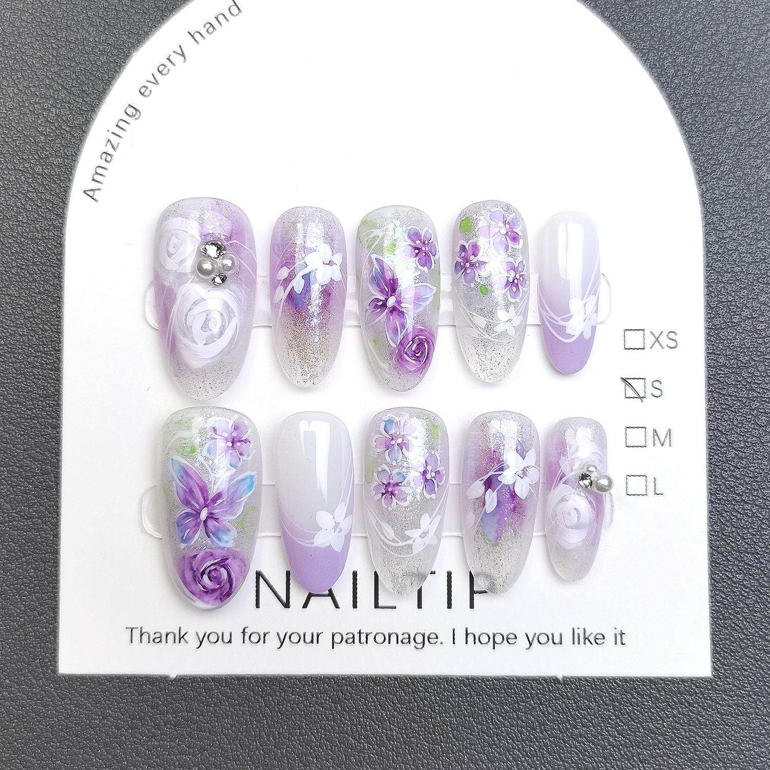 梦幻紫甲片手绘水彩蝴蝶玫瑰晕染显白ins风纯手工指甲贴片穿戴甲