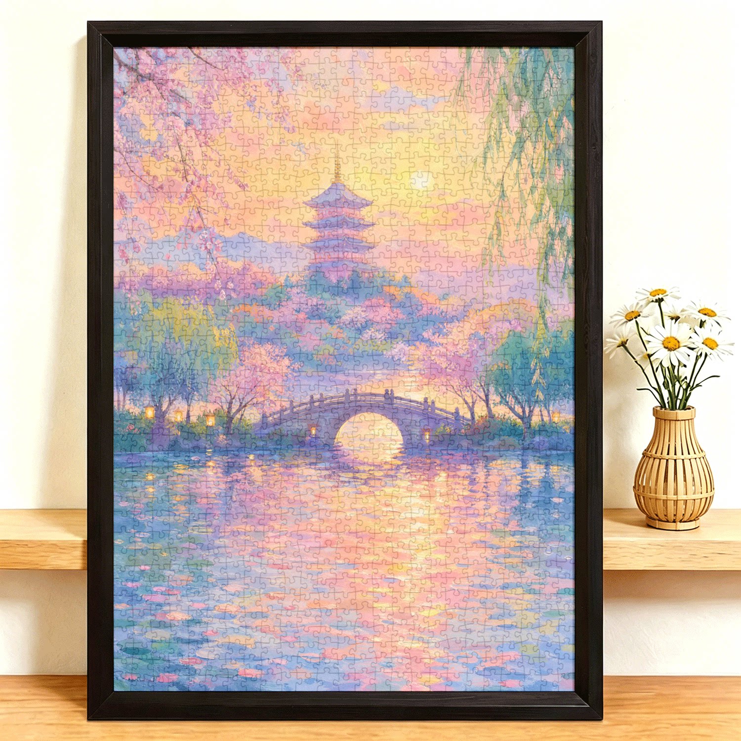 古塔樱湖拼图1000片成人高难度治愈系风景油画一千片减压玩具