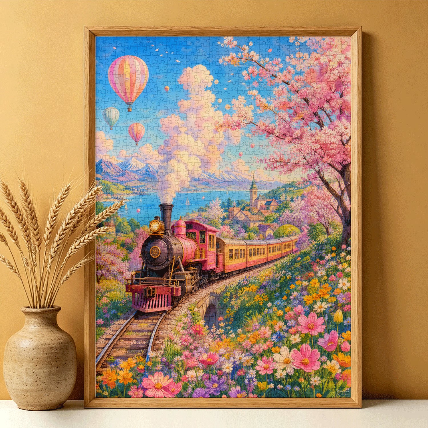 樱花火车景拼图1000片成人高难度治愈系风景油画一千片减压玩具