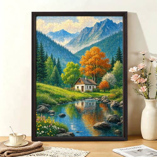 1000片成人拼图蓝卡带相框装饰画风景减压治愈系山间溪畔木屋