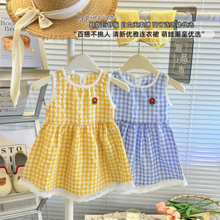 套装 夏装 女宝宝连衣裙男女童背心短裤 新款 甜美女童格子裙韩版