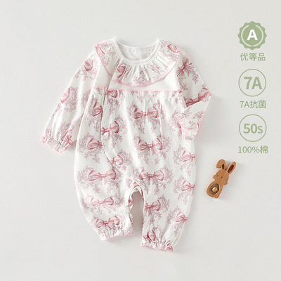 婴儿偏开连体衣无骨纯棉女宝宝长袖爬服花边a类哈衣安阳童装直发