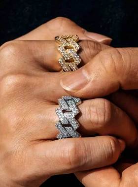 欧美嘻哈微镶锆石14mm菱形古巴戒