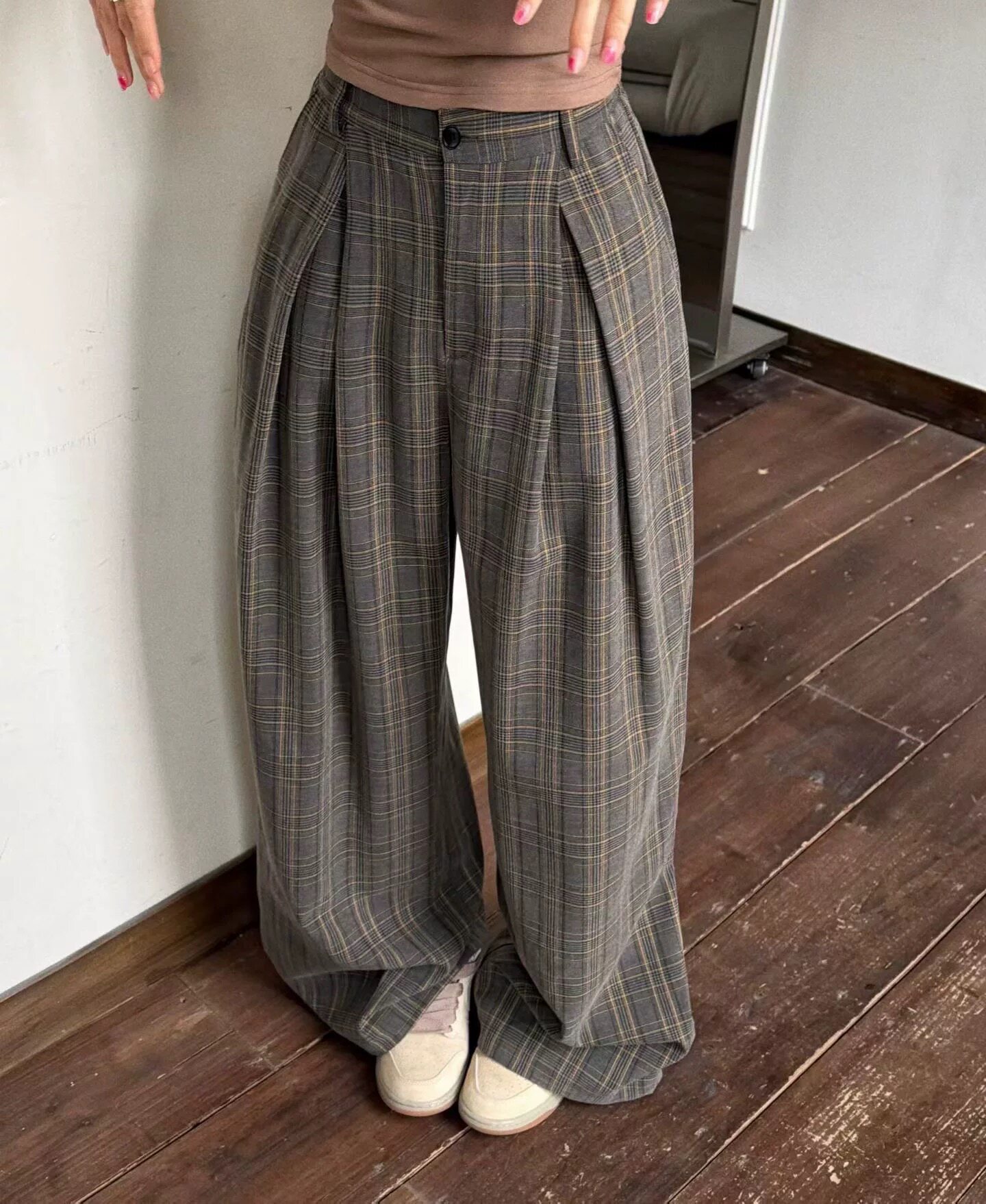 韩国chic春格子高腰宽松休闲裤女韩系慵懒风百搭阔腿裤