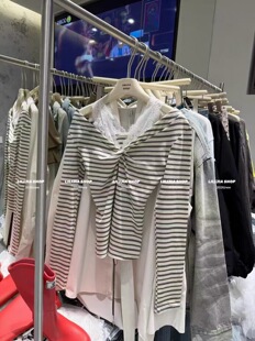 收腰长袖 2026新款 百搭显瘦V领条纹上衣扭结修身 时尚 韩版